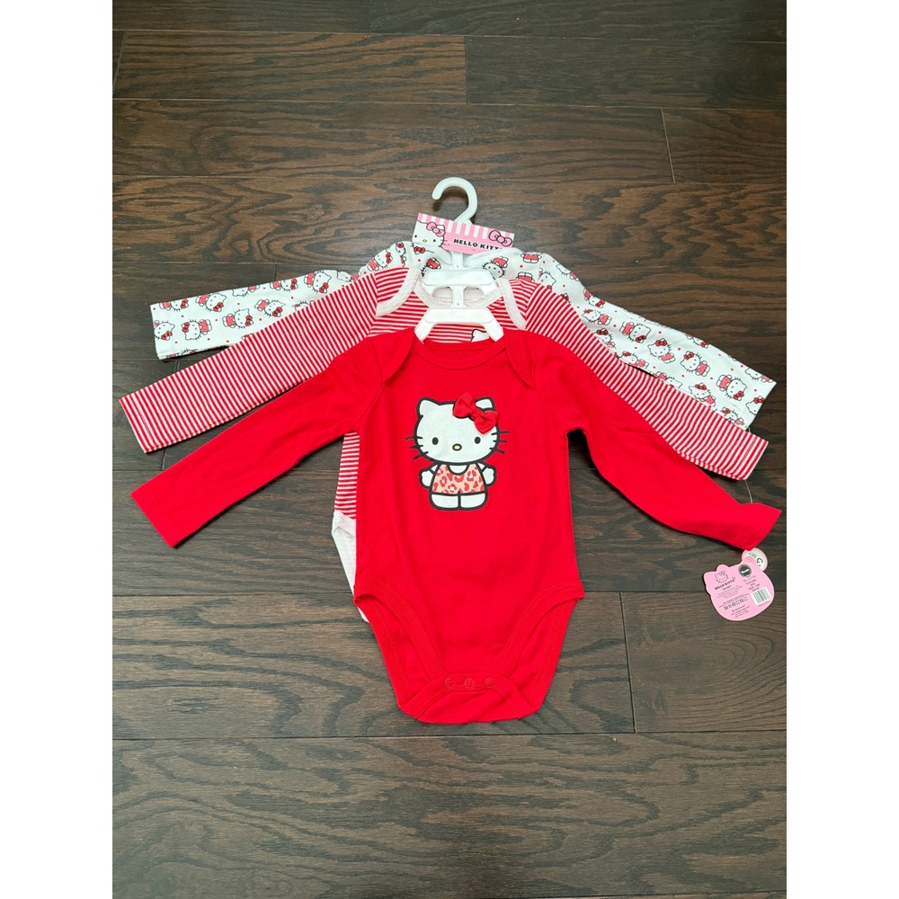 Hello Kitty Baby Girls 3 Pack Long Sleeve Bodysuits Red White 12M NWT Sanrio